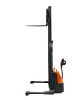 Heavy Duty Electric Pallet Stacker With Straddle Legs Boasting A Massive 2640 Lb Capacity And An Impressive 118 Inch Lift Height, side view.