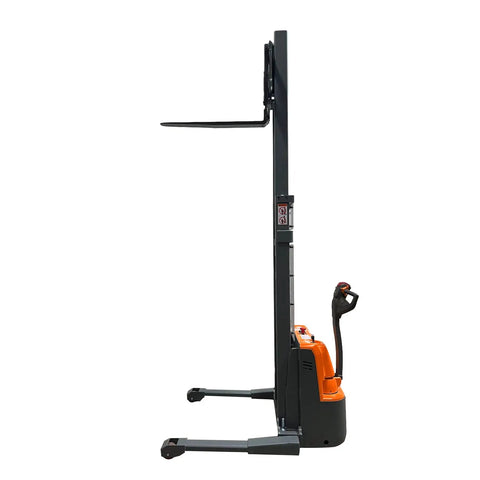 Heavy Duty Electric Pallet Stacker With Straddle Legs Boasting A Massive 2640 Lb Capacity And An Impressive 118 Inch Lift Height, side view.