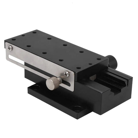 90X Linear Slide Rack And Pinion Sliding Table For Equipment, Aluminum Alloy Pro Grade Movement Platform, 35mm Travel, 0.7 Inch Per Turn Knob, 30 Micron Positioning Accuracy, Heavy Duty Linear Guide System on black base