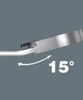 Side view of Joker Switch Ratcheting Combination Wrench Set Four Piece Angled Jaw Design with 15-degree angle indication.