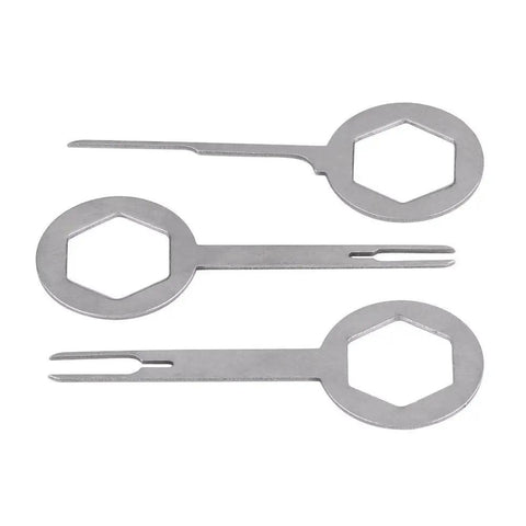 Heavy Duty Wire Terminal Removal Tool Set Three Piece Kit For Auto Electrical Plug Connector Pin Extractor showing steel tools.