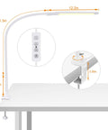 LED Desk Lamp With Clamp For Home Office White USB Port Desk Light Eye Caring Dimmable Task Lamp side view with dimensions.