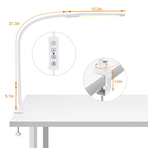 LED Desk Lamp With Clamp For Home Office White USB Port Desk Light Eye Caring Dimmable Task Lamp side view with dimensions.