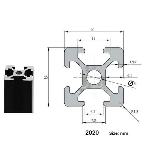 Technical diagram of Two Pack 20x20mm Aluminum Extrusion Profiles 31.5 Inch 800mm Black Anodized T Slot European Standard