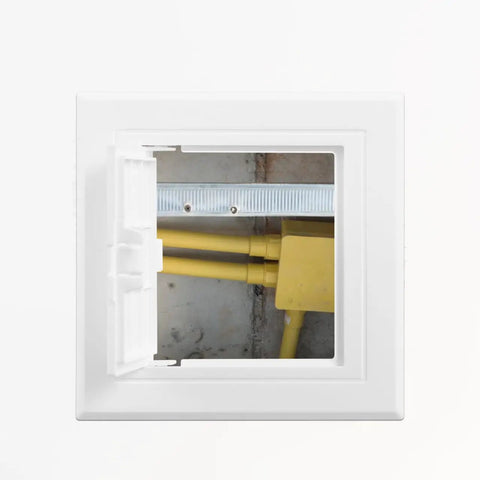 Sleek 3X3 Inch White Drywall Access Panel For Bathroom Plumbing Maintenance Durable Pvc Wall Cover Plate revealing yellow pipes.