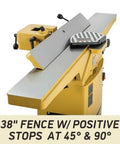Pro Six Inch Jointer With Helical Cutterhead And One Horsepower Motor features a 38" fence with stops at 45° and 90° for precise cutting.