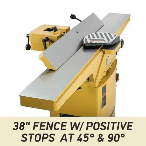Pro Six Inch Jointer With Helical Cutterhead And One Horsepower Motor features a 38" fence with stops at 45° and 90° for precise cutting.