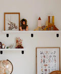 Heavy Duty 24 Pack Black Corner Braces supporting white shelves with toys and a globe, perfect for DIY shelf reinforcement.