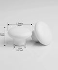 Ten Piece White Round Ceramic Drawer Knobs And Cabinet Pulls For A Quick Furniture Glow Up Featuring A Legit Glossy Grip And Super Chill Vibe To Make Your Cupboards Look Snazzy And Fresh, showing dimensions in inches.