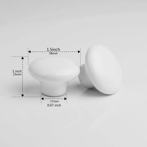 Ten Piece White Round Ceramic Drawer Knobs And Cabinet Pulls For A Quick Furniture Glow Up Featuring A Legit Glossy Grip And Super Chill Vibe To Make Your Cupboards Look Snazzy And Fresh, showing dimensions in inches.