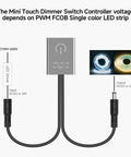 Image of Mini Touch Dimmer Switch For Cabinet Lighting With Smooth Brightness Control And On Off Touch Dimming Controller, 12 24V DC, Max 3A, Monochrome LED Strip Compatible, PWM Dimmer For FCOB COB Bars, showing input and output connections.