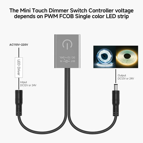 Image of Mini Touch Dimmer Switch For Cabinet Lighting With Smooth Brightness Control And On Off Touch Dimming Controller, 12 24V DC, Max 3A, Monochrome LED Strip Compatible, PWM Dimmer For FCOB COB Bars, showing input and output connections.