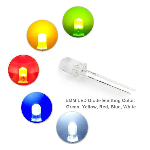 5mm LEDs in green, yellow, red, blue, white from Arduino Project Essentials Kit With 600 Resistors From 10 Ohm To 1 MOhm Across 30 Values