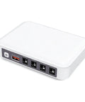 Portable Mini Ups Boasting Hella Reliable 6000Mah Backup Power for routers with multiple DC output ports in a sleek white design.