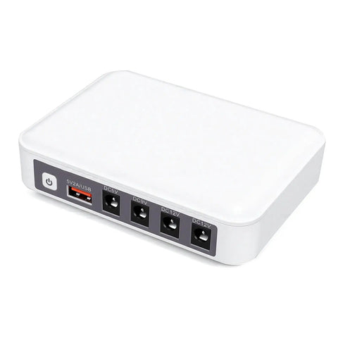 Portable Mini Ups Boasting Hella Reliable 6000Mah Backup Power for routers with multiple DC output ports in a sleek white design.