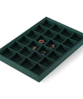 Top Tier PU Leather Jewelry Display Tray featuring twenty four secure grid slots for rings, earrings and brooches, dark green.
