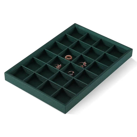 Top Tier PU Leather Jewelry Display Tray featuring twenty four secure grid slots for rings, earrings and brooches, dark green.