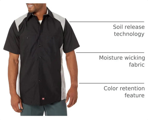 Top Shelf Mens Motorsport Button Down Shirt Short Sleeve Silver And Black with moisture wicking fabric and dual hex pockets.