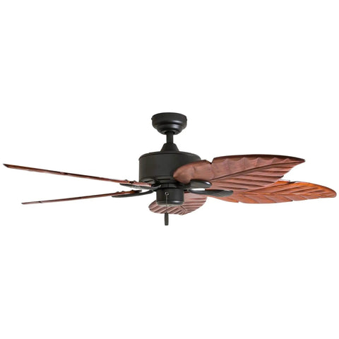 52 Inch Tropical Indoor Ceiling Fan With No Light And Pull Chain Three Mounting Options Hand Carved Wooden Leaf Blades In Bronze Finish