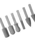 Heavy Duty Tungsten Carbide Burrs Six Pack Built Tough For Wood Carving And Metal Engraving With 6mm Shank, assorted shapes.