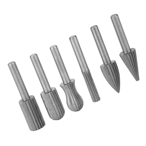 Heavy Duty Tungsten Carbide Burrs Six Pack Built Tough For Wood Carving And Metal Engraving With 6mm Shank, assorted shapes.
