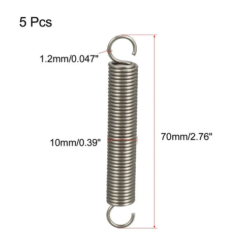 Five stainless steel dual-hook extended tension springs; 0.047 in wire, 0.39 in OD, 2.76 in free length