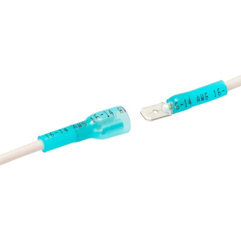 Close-up of Blue Heat Shrink Female Spade Connectors Kit 100Pcs 16 To 14 AWG Waterproof Insulated Quick Disconnects in use