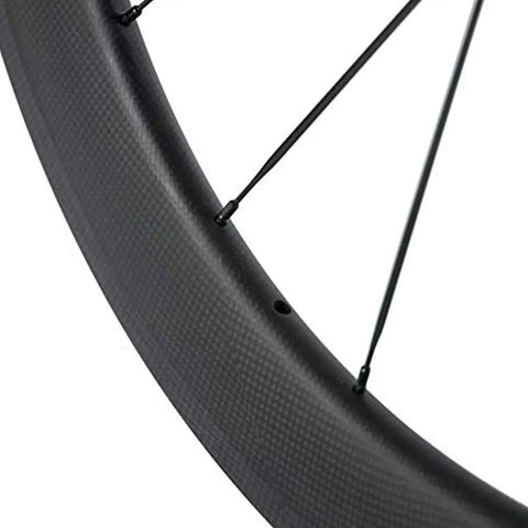 Close-up of 60mm Carbon Fiber Wheelset For 700c Clincher With 25mm U-Shape Rim, Basalt Brake Surface, showing Toray T700 material