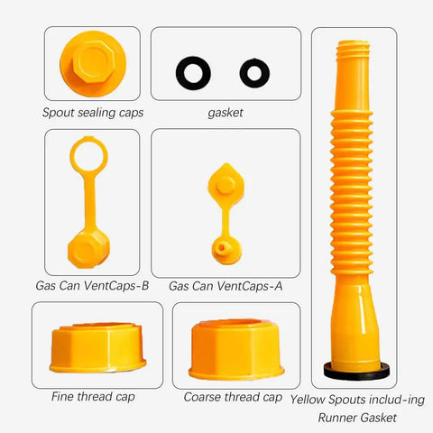 Gas Can Spout Replacement No Spill Design Flexible Nozzle Fits Most 1 To 10 Gallon Tanks Easy Pour For Cars Trucks Lawn Mowers Motorcycles And More Vent Cap Included showcasing yellow spout, caps, and gaskets