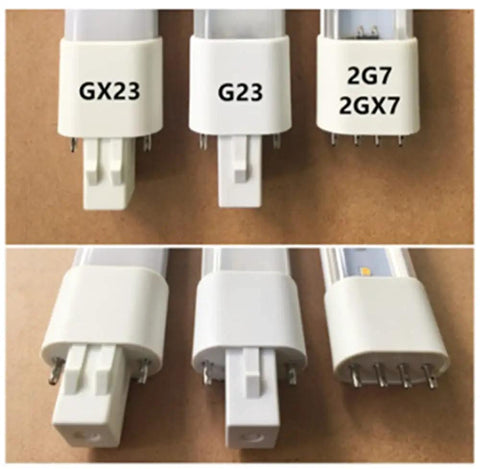 Comparison of bulb bases including GX23 from 2 Pack 7W GX23 LED Plug And Play Light Bulb For Low Profile Fixtures, 6000K Daylight White.