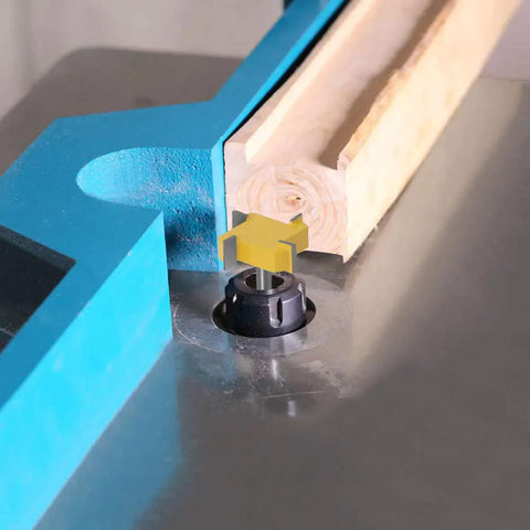 Four Piece One Quarter Inch Shank Router Bit Set For Spoilboard Surfacing And Rabbet Slot Grooving With Four Wing Cutters installed on router
