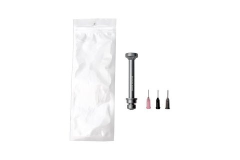 Heavy Duty Aluminum Alloy Syringe Plunger Dispenser for Flux and Solder Paste with ergonomic grip and precision tips displayed.