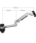 Badass Aluminum Monitor Wall Mount With Mechanical Spring Arm For 17 To 27 Inch Screens showing adjustable arm and dimensions.