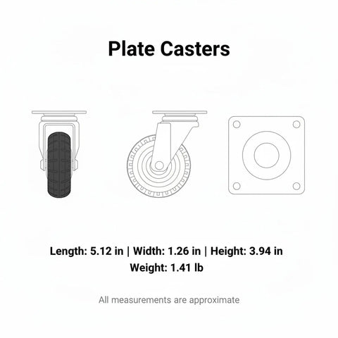 Heavy Duty Swivel Plate Caster Replacements Crafted From Solid Steel, Tough As Nails Casters with dimensions and weight displayed.