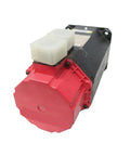 Front view of a three-phase permanent magnet synchronous AC servo motor for industrial automation, black and red.