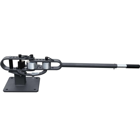 Side view of Compact Bench Top Metal Bender With 7 Dies, Manual Flat Bar Bender, heavy duty machine displaying 44-inch telescoping handle, YP-9.
