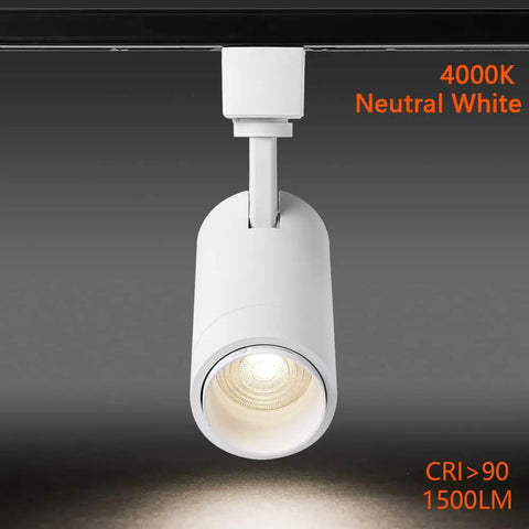 Close-up of 15W LED H Track Light Head, white, adjustable beam 15°-60°, Daylight 4000K, mounted, 120V Halo style for displays
