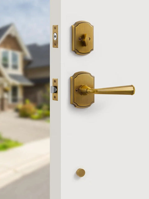 Antique Brass Front Door Handle And Deadbolt Set With Reversible Lever Handleset on white door outdoors