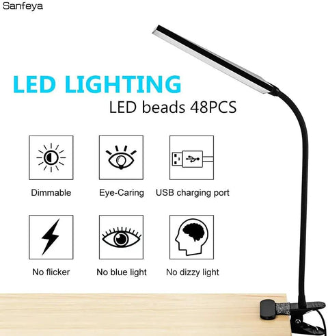 Clip On LED Desk Lamp With Eye Caring Light And Metal Clip 11 Brightness Levels And 3 Color Modes USB Powered 5W Reading Lamp