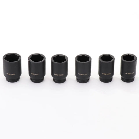 Sick 12 Piece 3/4 Inch Hex Impact Socket Kit, 3 Inches Long Rugged Design With Rust Proof Coating For Heavy Torque Jobs Plus Storage Case, Perfect For Tough Garage Work. Black CR-MO impact sockets shown in six sizes