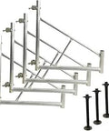 Heavy Duty Safety Outriggers With Protective Jack System In Silver Finish For Quick Stable Setup And Easy Installation On Boats Trucks And Work Platforms Built To Beef Up Stability And Safety. Steel outriggers with black jacks visible.