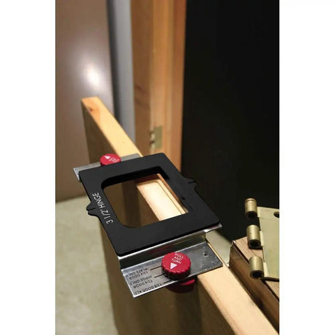 Hinge Mate 300 Door Hinge Installation Kit with latch and strike plate templates on door, adjustable for 1-3/8 or 1-3/4 inch doors.
