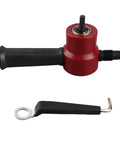 Aramox Double Head Sheet Metal Nibbler Cutter Drill Attachment For Straight Curves And Circles 360 Degree Rotating Steel Chopper Tool With Red Finish, featuring red body and black handle.