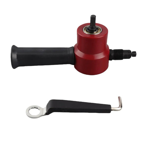Aramox Double Head Sheet Metal Nibbler Cutter Drill Attachment For Straight Curves And Circles 360 Degree Rotating Steel Chopper Tool With Red Finish, featuring red body and black handle.
