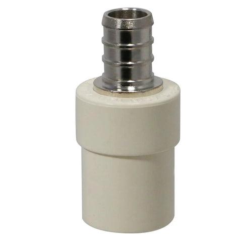 Ten Piece Brass PEX To CPVC Transition Coupling Set One Half Inch Crimp Fittings close-up view showing brass and CPVC components