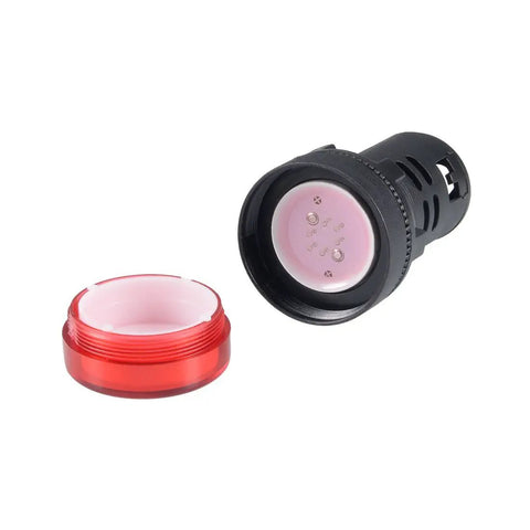Five Pack Red LED Indicator Lights For AC DC 110V, Flush Mount Panel showing light-covered and black housing parts