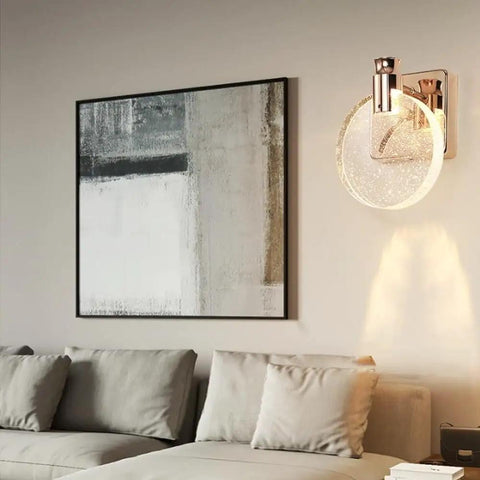 VCDUXMQLK Nordic Luxury Crystal Bedroom Wall Lamps LED Light Source Three-Color Dimmable Sconces Creative Modern White Round on wall.