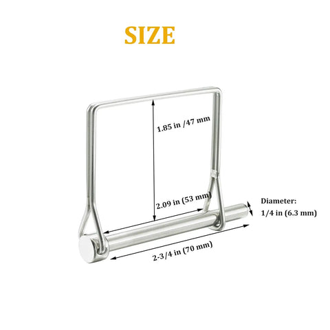 Set Of Four Heavy Duty Beefy Square Wire Lock Pins For Trailer Couplers 316 Stainless Steel Rust Resistant One Quarter Inch Pin Diameter Two And Three Quarter Inches Length Easy Quick Install For Boats Trucks And More size diagram, 1/4 in diameter, 2-3/4 in length