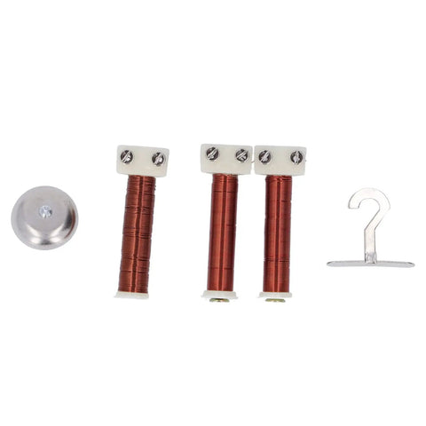 Electromagnet Experiment Kit for Physics Classrooms and Labs components with helical coil, copper coil, steel bell, and metal hook.