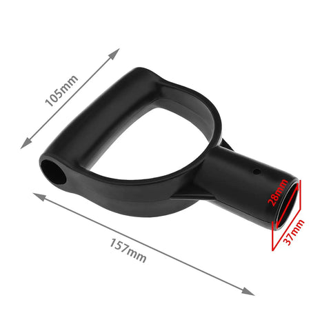 Two Pack D Shaped Spade Handle Replacement Grip For 28mm Shovels, black plastic with dimensions, upgrade for leverage
